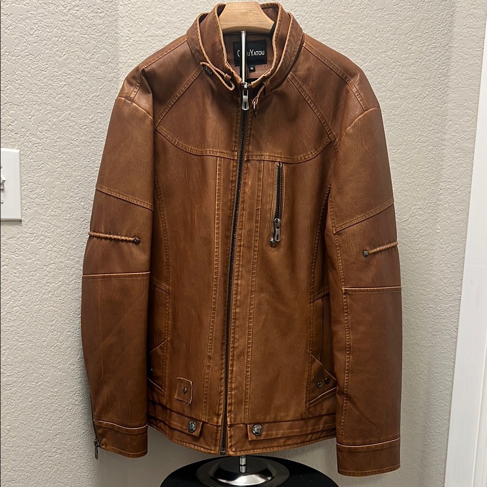 chouyatou Men's Vintage Brown Leather Jacket